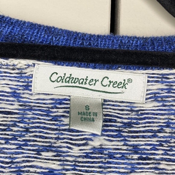 Coldwater Creek Blue/ White Geometric Weave One Wooden Button Cardigan Sz S - Picture 4 of 7